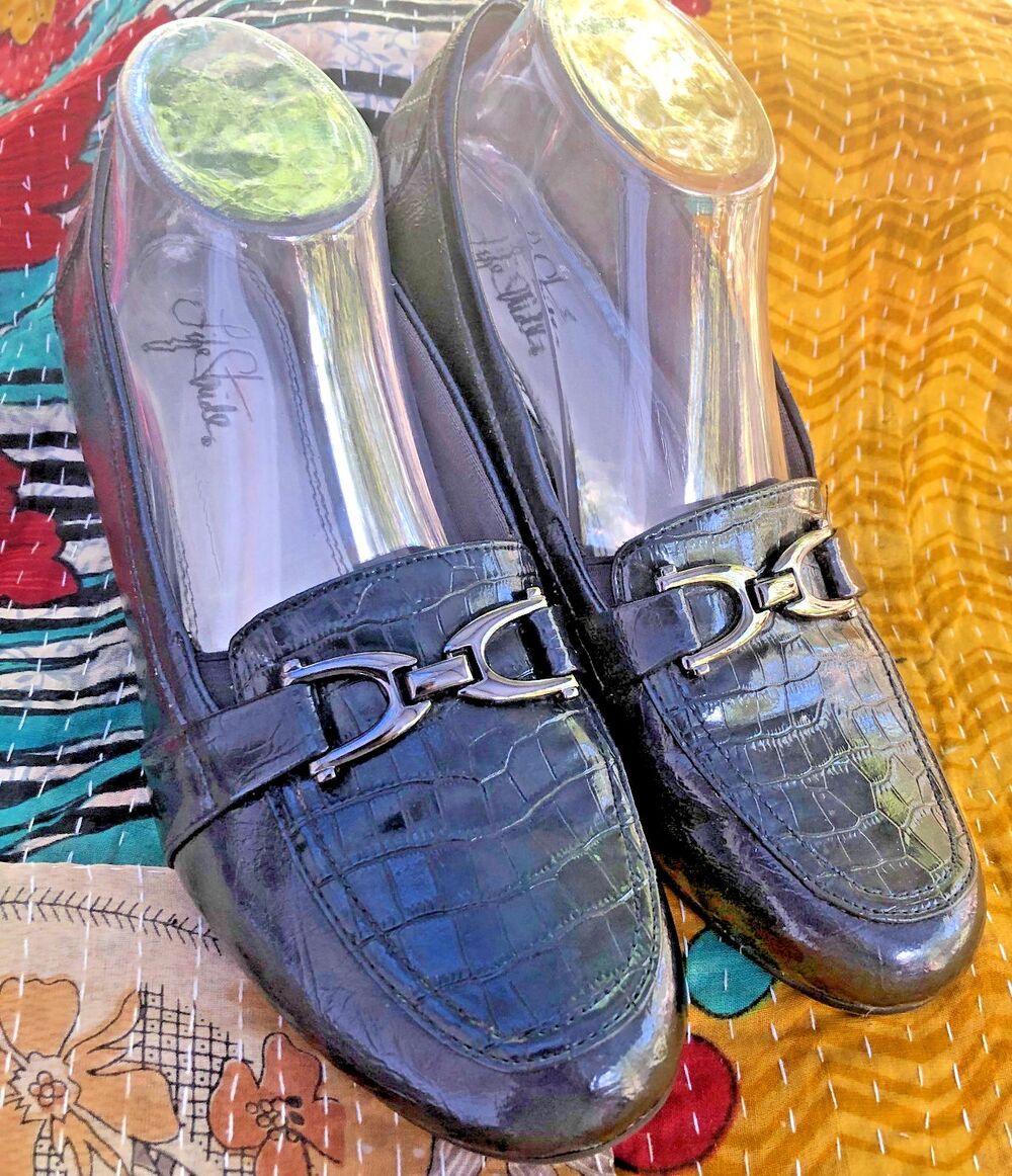 LifeStride Womens 9.5 Wide Navy Metallic Croc Embossed Horsebit Wedge Loafers